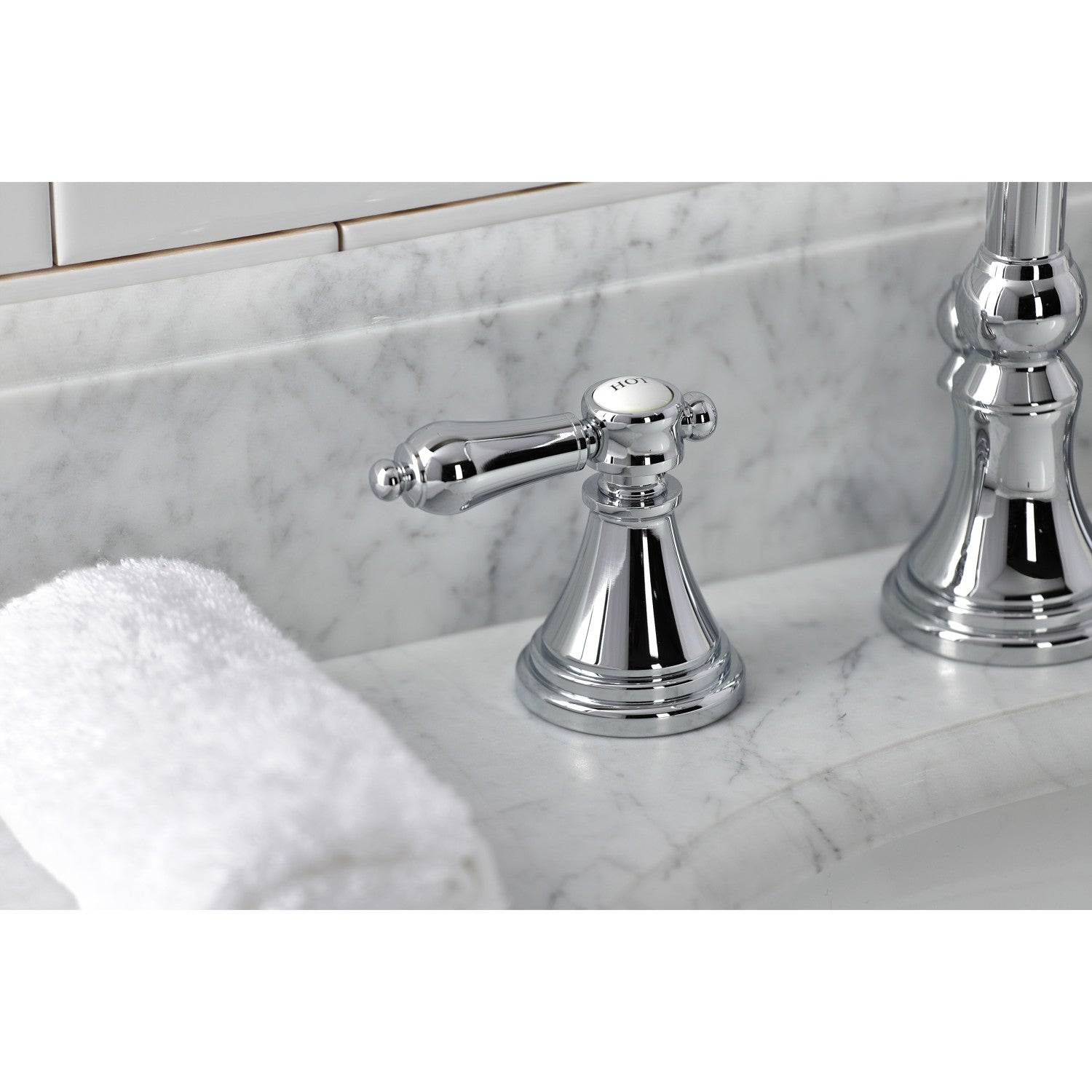 Kingston Tulare KS2981BAL - Heirloom Two-Handle 3-Hole Deck Mount Widespread Bathroom Faucet with Brass Pop-Up, Polished Chrome — thumbnail 2